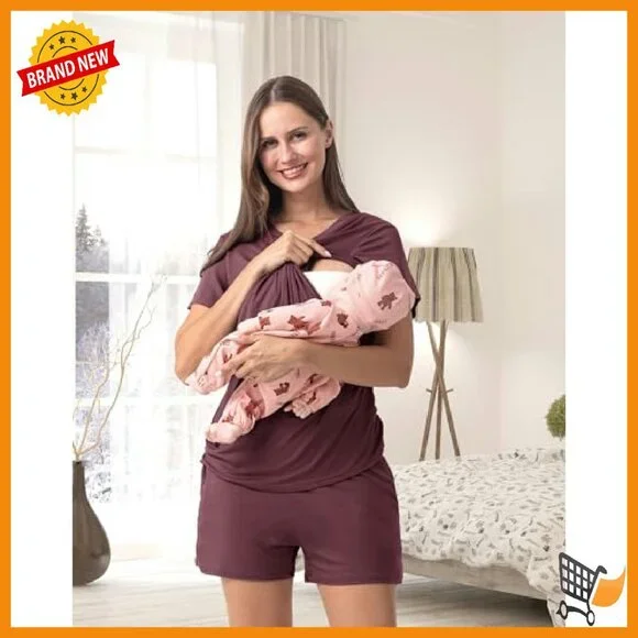 Maternity Nursing Pajama Set V-Neck Breastfeeding Sleepwear with Pockets